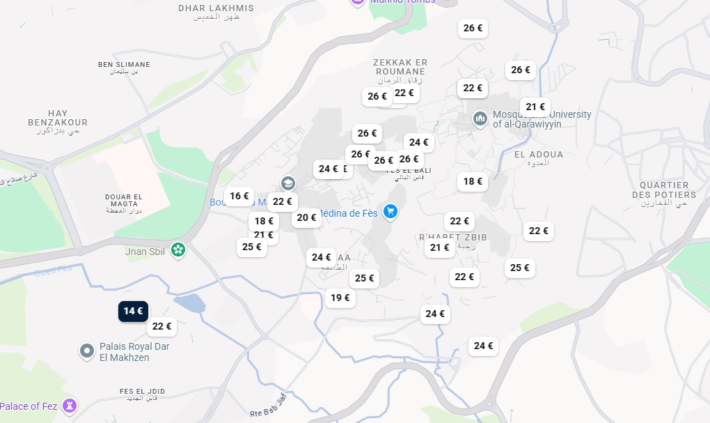 Plan des hotels pas chers à Fès